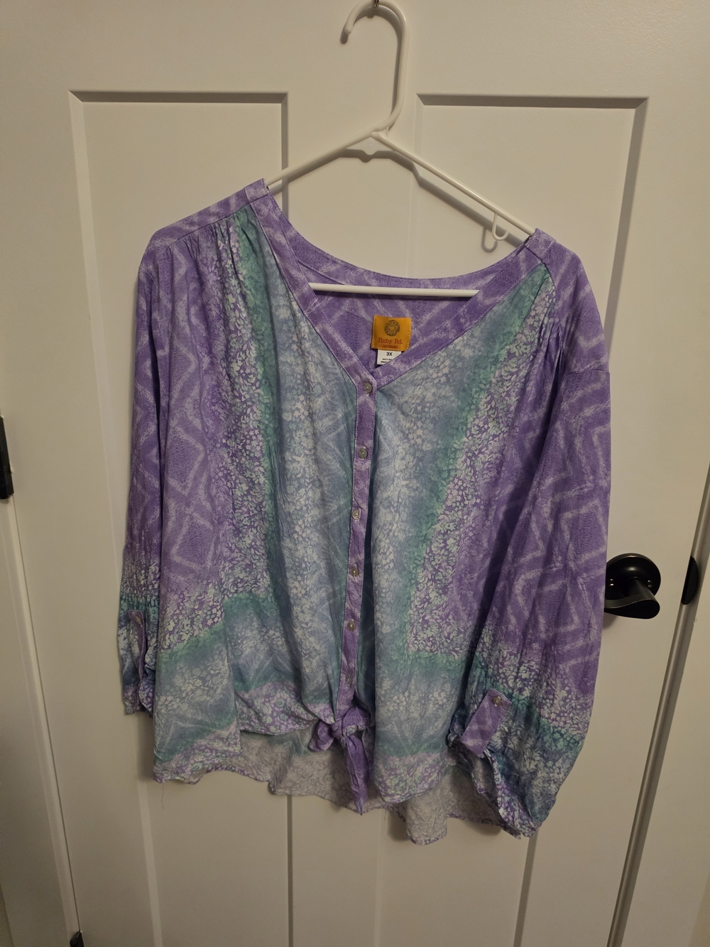 Ruby Rd. Lavender and Aqua Button-Front Tie-Hem Blouse